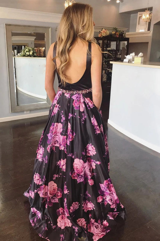 A-Line Backless Prom Dress, Florals Printed Black Long Evening Dress MP1167