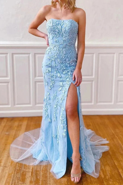 Sky Blue Strapless Mermaid Prom Dress, Long Formal Evening Dress MP02