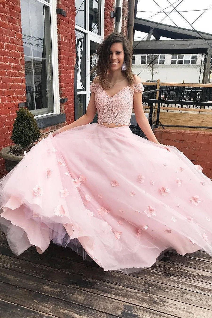 Pink Two Piece Prom Dress with Appliques, Elegant Lace Tulle Formal Dress MP1200