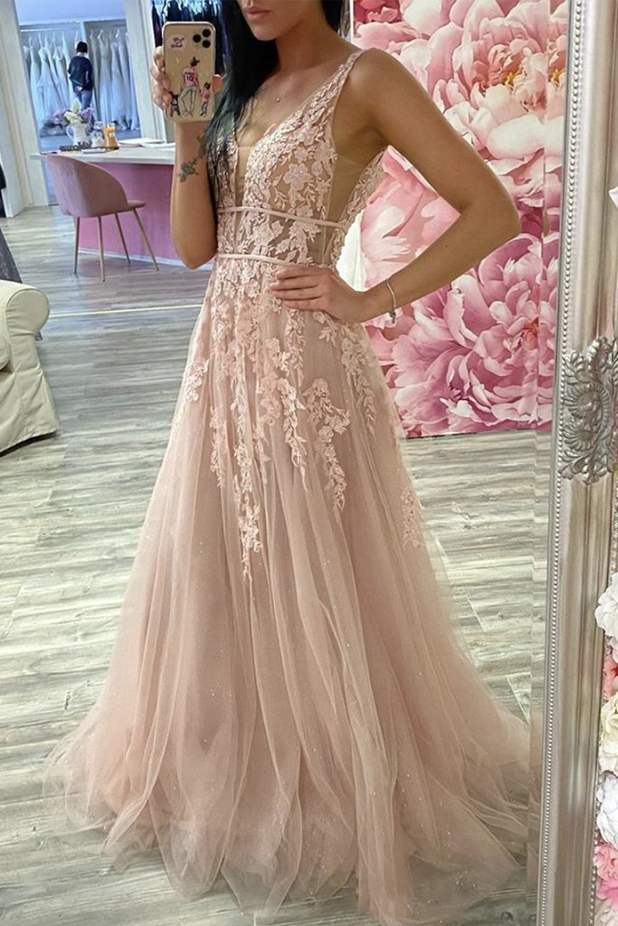 Vestido formal de tul con apliques de encaje y corte A, largo y brillante, para fiesta de noche