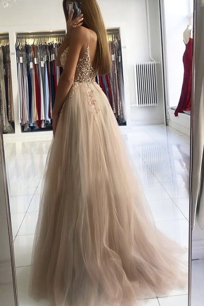 Vestido de fiesta largo de tul sin mangas con escote en V y cuentas, corte A, con abertura, vestido de noche sexy