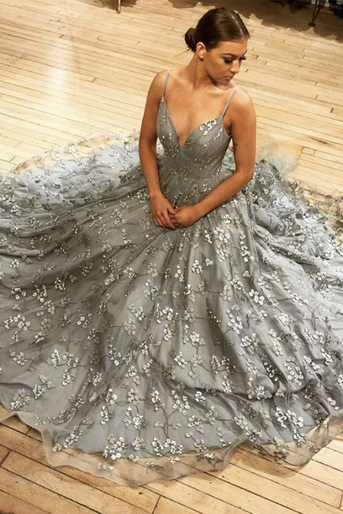 Vestido de fiesta largo de tul con escote en V y encaje gris, vestidos formales de noche largos de corte A
