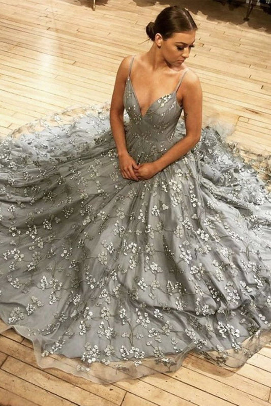 Vestido de fiesta largo de tul con escote en V y encaje gris, vestidos formales de noche largos de corte A