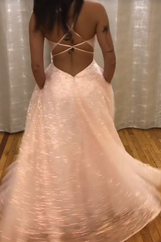 Sparkly Pink Prom Dresses Long A-line Backless Formal Gown With Pocket GP65
