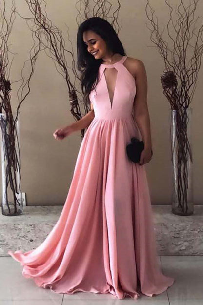 Elegant Round Neck Long Chiffon Sleeveless Pink Prom Dress MP1193