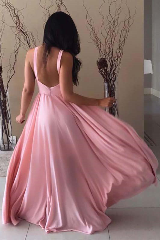 Elegant Round Neck Long Chiffon Sleeveless Pink Prom Dress MP1193
