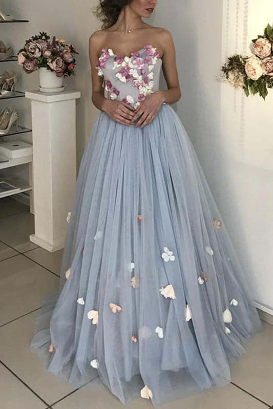 Detachable Straps Sweetheart Long Prom Dress With Floral Appliques MP1191