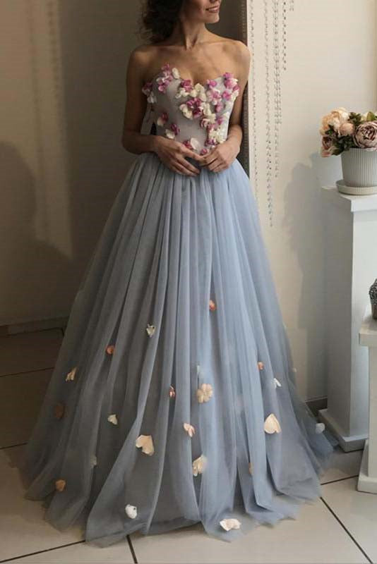 Detachable Straps Sweetheart Long Prom Dress With Floral Appliques MP1191