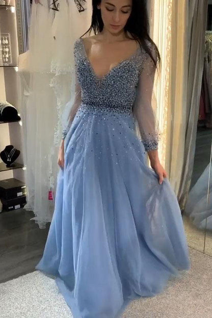 A Line Long Sleeves Blue Prom Dress With Open Back, Beading Bodice Evening Gown MP1186