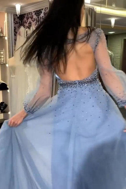 A Line Long Sleeves Blue Prom Dress With Open Back, Beading Bodice Evening Gown MP1186