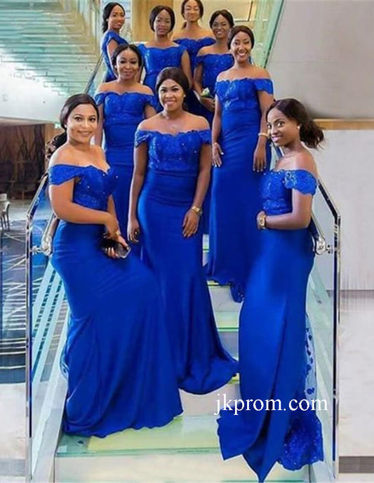 Vestido de fiesta de boda azul real con hombros descubiertos, vestidos de dama de honor con encaje y cuentas de sirena