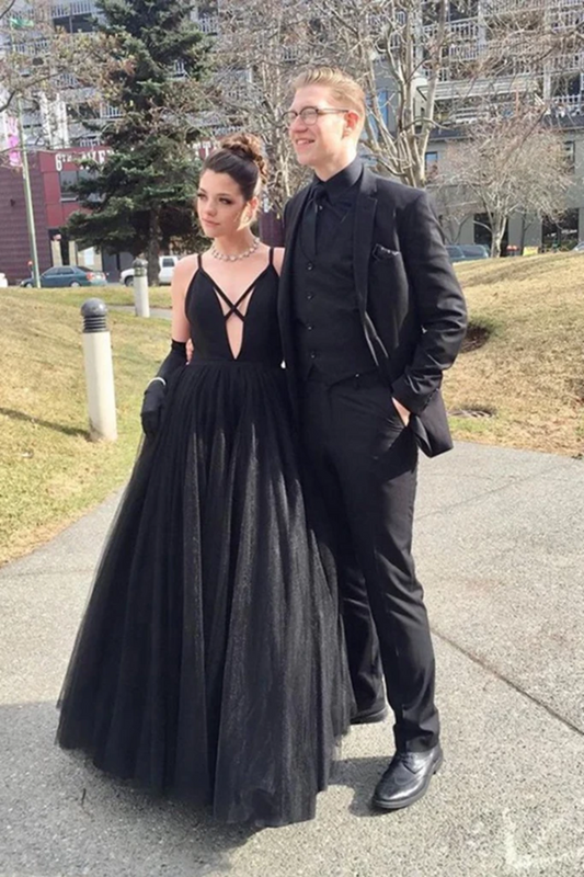 Vestidos de fiesta de noche largos hasta el suelo de tul negro con tirantes finos y corte en A, vestidos formales.