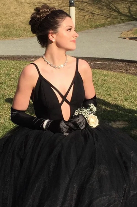 Vestidos de fiesta de noche largos hasta el suelo de tul negro con tirantes finos y corte en A, vestidos formales.