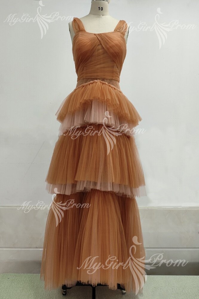 Princess Off the Shoulder Brown Tulle Tiered Prom Dress, Long Formal Gown GP445