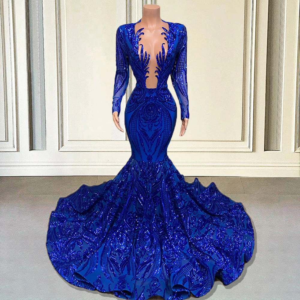 Vestidos de fiesta largos de sirena azul real con mangas, vestido formal con lentejuelas