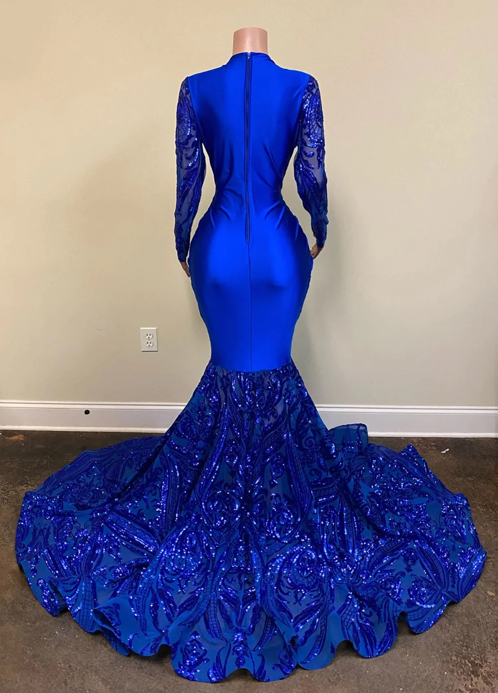 Vestidos de fiesta largos de sirena azul real con mangas, vestido formal con lentejuelas
