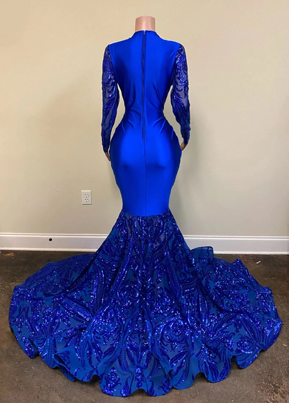 Vestidos de fiesta largos de sirena azul real con mangas, vestido formal con lentejuelas