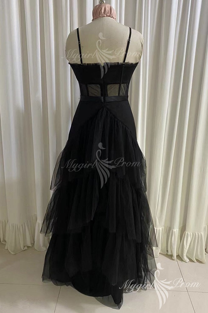 New A-line Layered Tulle Black Prom Dress, Sheer Corset Long Evening Dress GP220