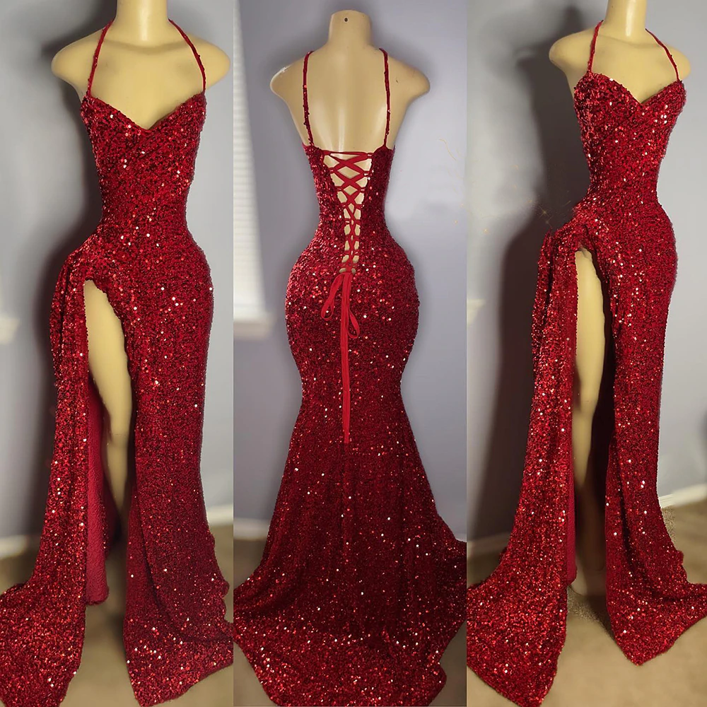 Vestidos de fiesta largos sexis con abertura alta, cuello halter, sin mangas, con lentejuelas rojas brillantes para chicas negras