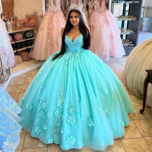 Vestidos de quinceañera con tirantes, escote en V y flores 3D para fiesta de 15 años