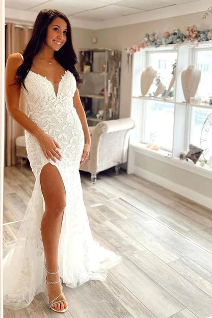 Hermoso vestido de fiesta de encaje de sirena blanco, vestidos de noche largos con abertura