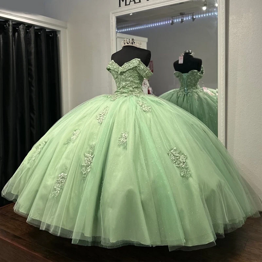 Vestidos de quinceañera mexicanos de lujo verde salvia con apliques de encaje para fiesta de graduación