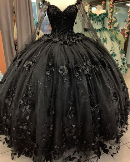 Vestidos negros de quinceañera con flores, vestidos largos de quinceañera