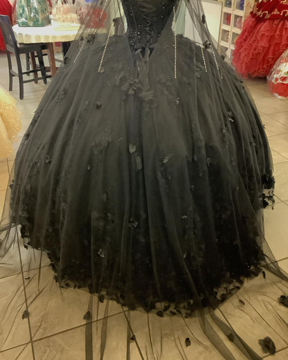 Vestidos negros de quinceañera con flores, vestidos largos de quinceañera