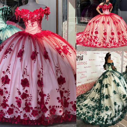 Red gorgeous exquisite sweet floral applique long tulle ball gown evening gown wedding dress gh3345