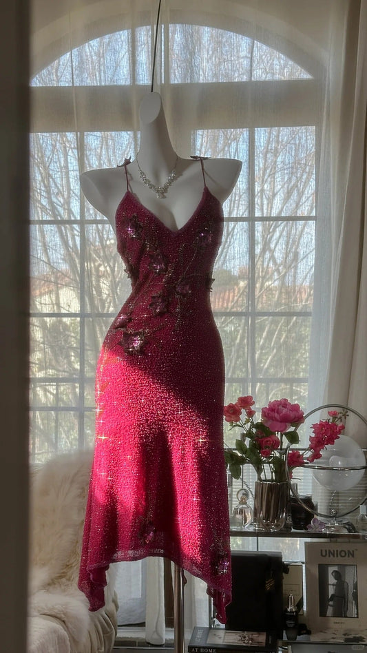 Pink Gorgeous Elegant Romantic Exquisite Beaded Sequin Midi/Short Chiffon Ball Gown Evening Dress Birthday/Wedding Guest Party Dress Prom Dress gh4019