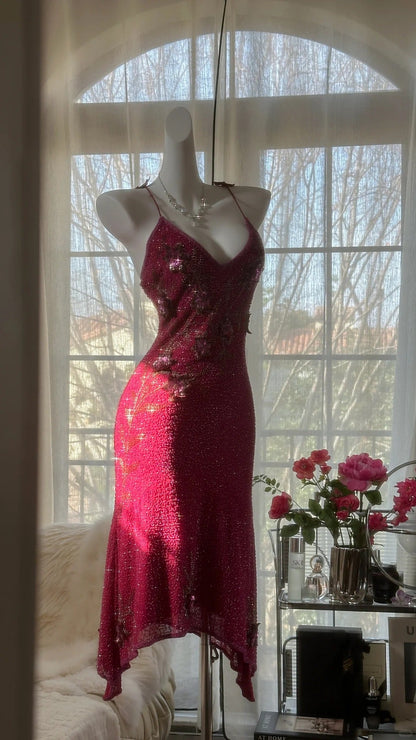 Pink Gorgeous Elegant Romantic Exquisite Beaded Sequin Midi/Short Chiffon Ball Gown Evening Dress Birthday/Wedding Guest Party Dress Prom Dress gh4019