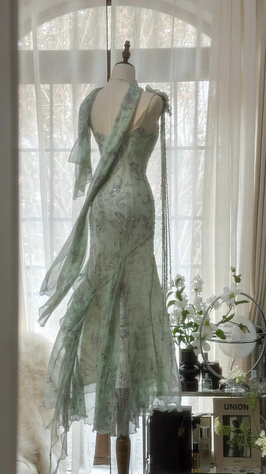 Mint Green Romantic Fashion Elegant Exquisite Beading Spaghetti Straps Long Tulle Chiffon Ruffle Ball Gown Evening Dress Party Dress gh4058