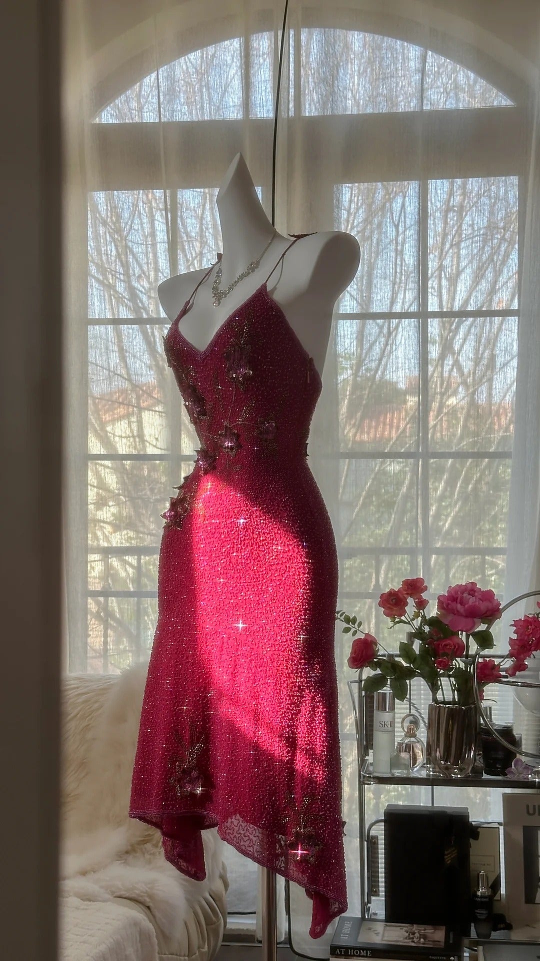Pink Gorgeous Elegant Romantic Exquisite Beaded Sequin Midi/Short Chiffon Ball Gown Evening Dress Birthday/Wedding Guest Party Dress Prom Dress gh4019