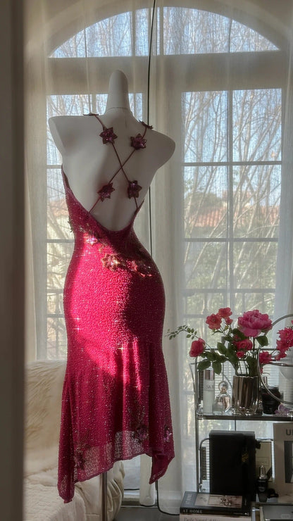 Pink Gorgeous Elegant Romantic Exquisite Beaded Sequin Midi/Short Chiffon Ball Gown Evening Dress Birthday/Wedding Guest Party Dress Prom Dress gh4019