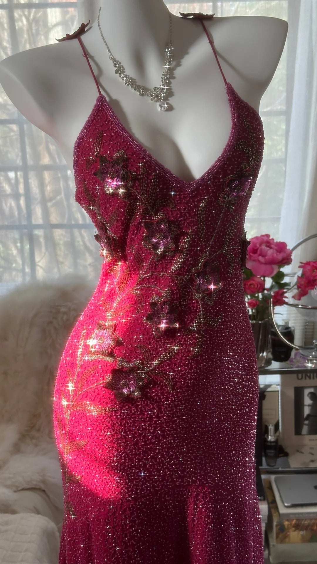 Pink Gorgeous Elegant Romantic Exquisite Beaded Sequin Midi/Short Chiffon Ball Gown Evening Dress Birthday/Wedding Guest Party Dress Prom Dress gh4019