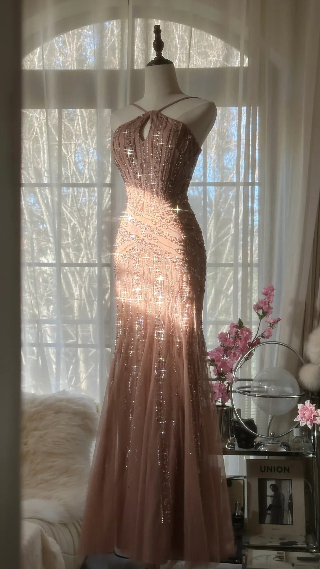 Rose pink luxury gorgeous elegant romantic exquisite beaded long chiffon ball gown evening dress party dress prom dress Valentine's Day date dress gh4047
