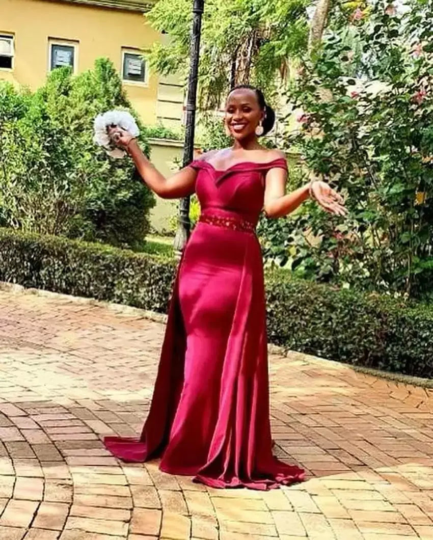 Vestido de dama de honor estilo sirena con hombros descubiertos en color burdeos, vestido largo de fiesta de boda con cola desmontable, vestido de fiesta africano