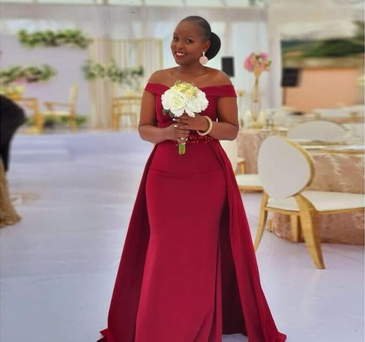 Vestido de dama de honor estilo sirena con hombros descubiertos en color burdeos, vestido largo de fiesta de boda con cola desmontable, vestido de fiesta africano
