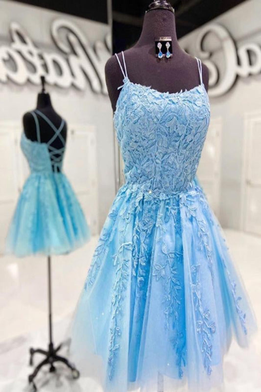 Vestido de fiesta corto de corte A con apliques de encaje, vestidos semiformales