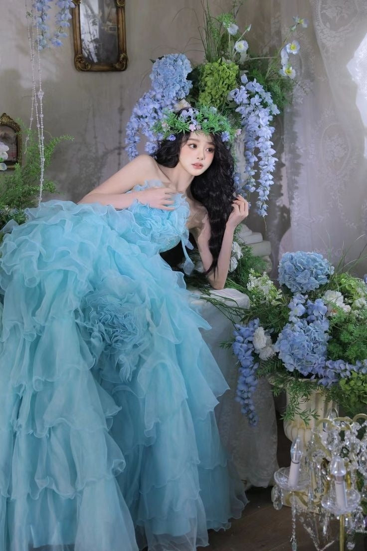 Princess Ball Gown Strapless Tiered Flower Blue Tulle Party Dress Birthday Dress SH2863