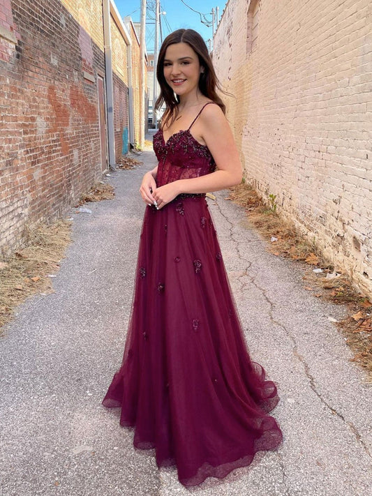 Vestido de fiesta largo de tul burdeos, corte A, vestido de noche burdeos