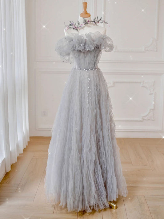 Vestido de fiesta largo de tul gris con hombros descubiertos, vestido formal de tul gris