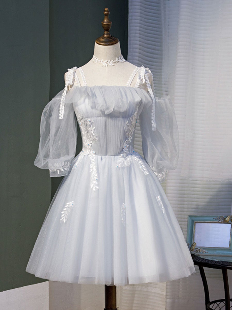 Vestido de fiesta corto de tul gris con encaje, vestido de fiesta de tul gris