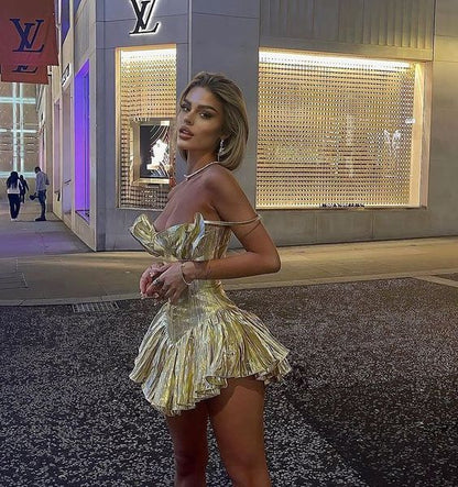 Stunning A Line Spaghetti Strap Gold Satin Short Homecoming Dress Cocktail Dress SH3690