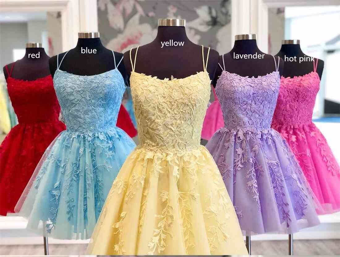 Vestido de fiesta corto de corte A con apliques de encaje, vestidos semiformales