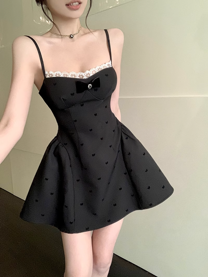 Vestido de fiesta de encaje con escote en A, tirantes finos, espalda descubierta y lazo, color negro, TP3692