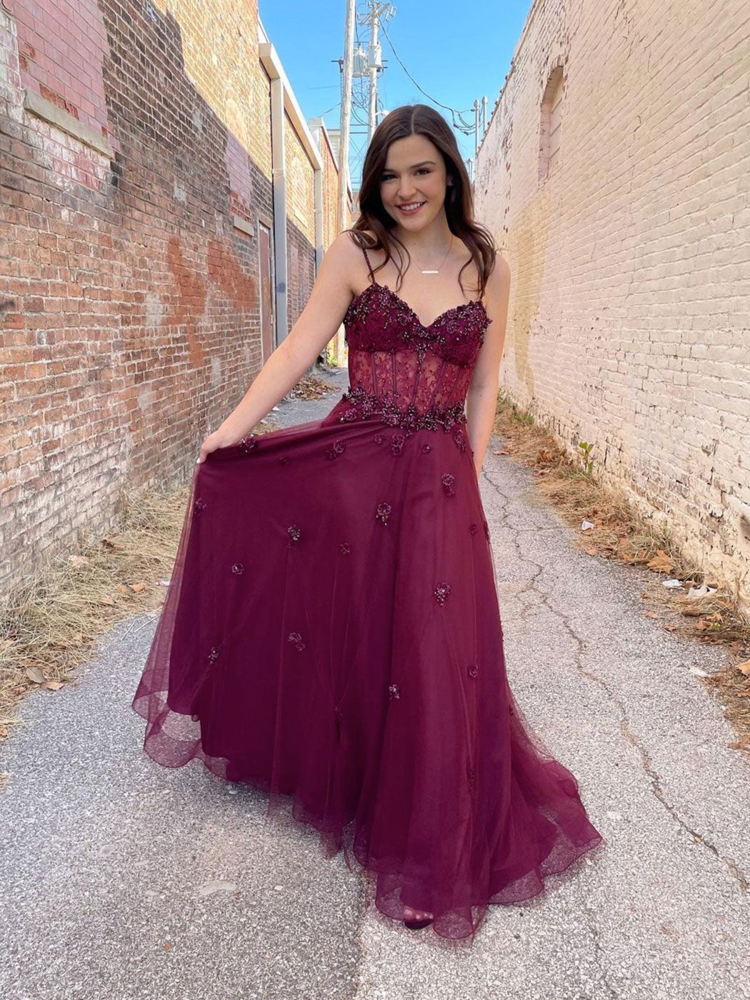 Vestido de fiesta largo de tul burdeos, corte A, vestido de noche burdeos
