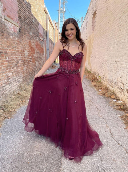 Vestido de fiesta largo de tul burdeos, corte A, vestido de noche burdeos