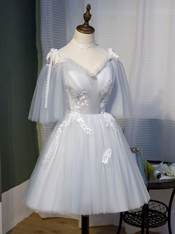 Vestido de fiesta corto de tul gris con encaje, vestido de fiesta de tul gris