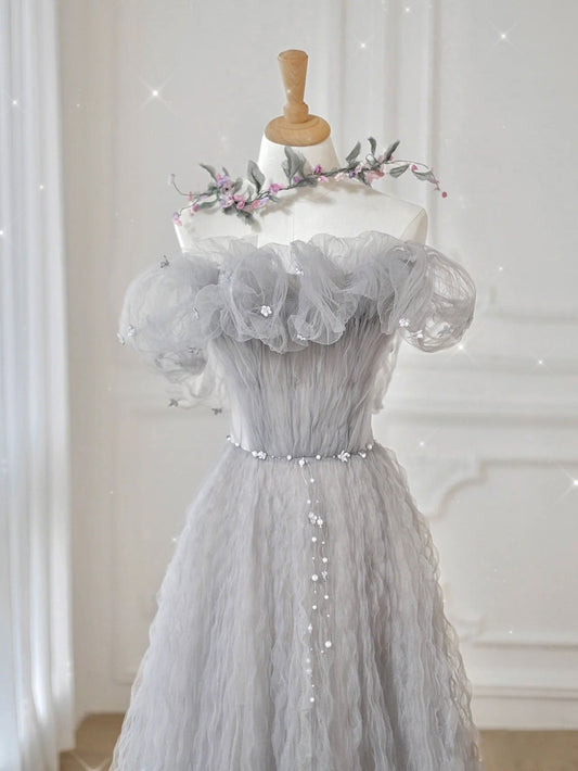 Vestido de fiesta largo de tul gris con hombros descubiertos, vestido formal de tul gris